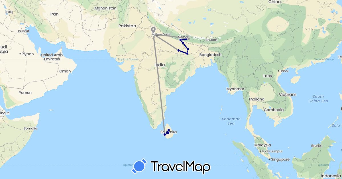 TravelMap itinerary: driving, plane in India, Sri Lanka, Nepal (Asia)
