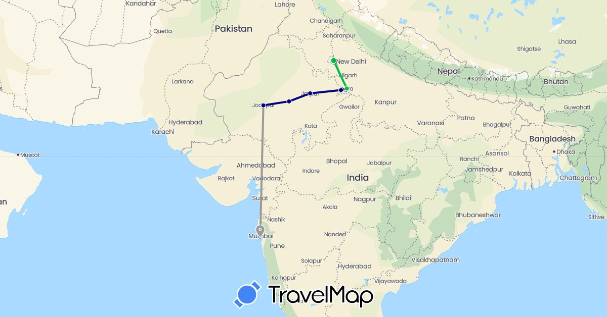 TravelMap itinerary: driving, bus, plane in India (Asia)